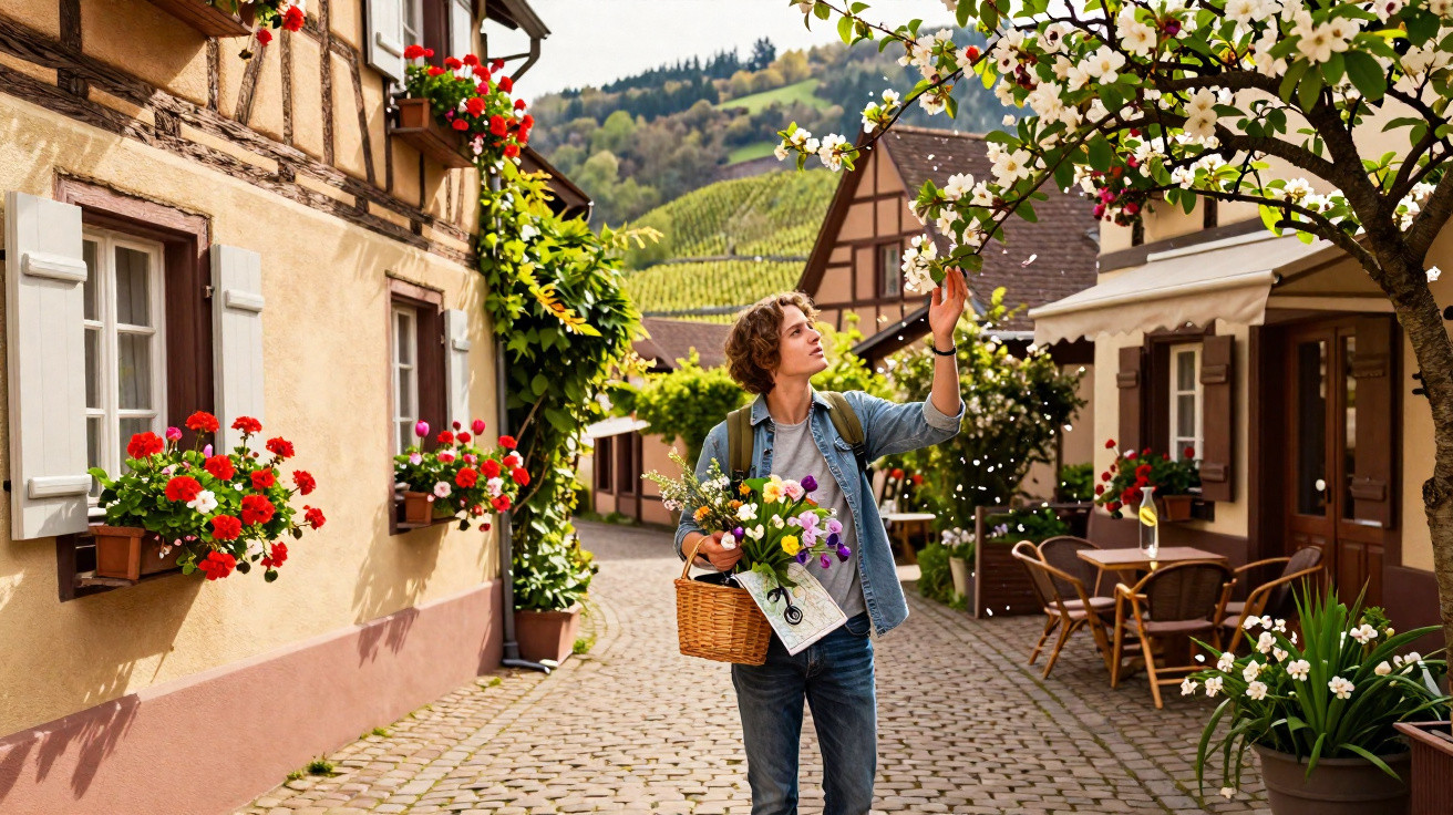 Jovem com cesta de flores observa uma árvore florida numa rua pitoresca com casas tradicionais e montanhas ao fundo.