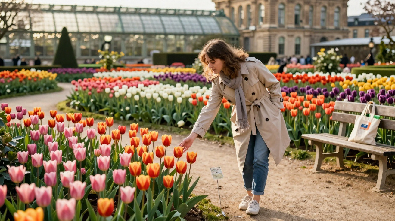 Mulher a tocar tulipas coloridas num jardim florido junto a um banco com uma bolsa branca.