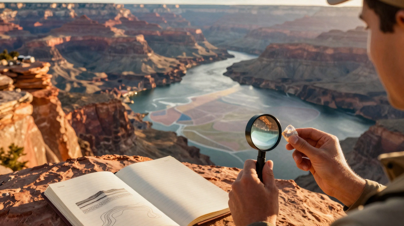 Pessoa observa cristal com lupa junto a caderno de desenhos, com vista para um rio e desfiladeiros ao pôr do sol.