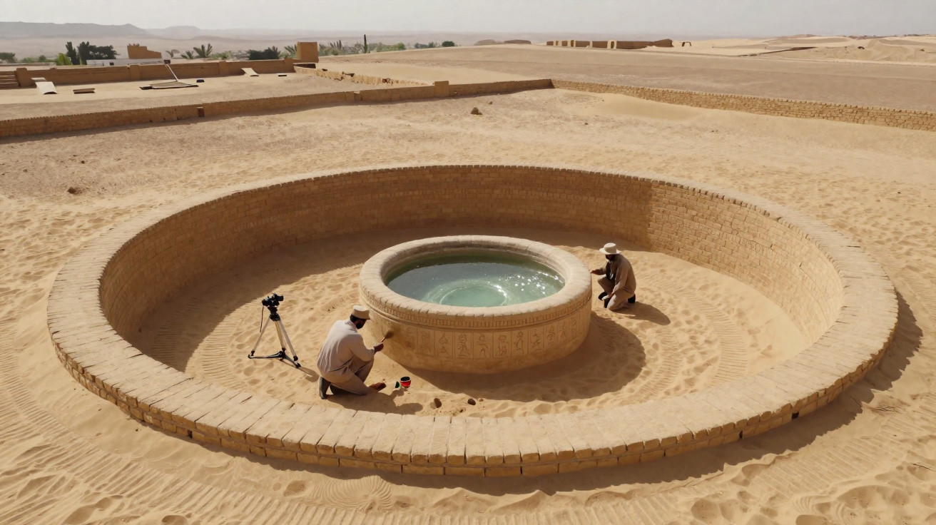 Poço antigo rodeado por paredes de tijolos no deserto, com duas pessoas e um tripé próximo.