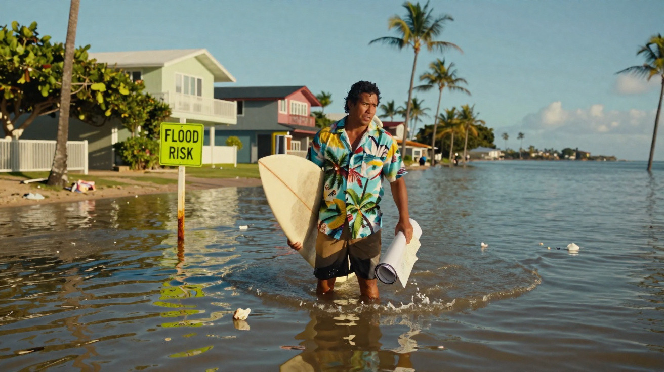 Homem com prancha de surf atravessa área alagada perto de casas com placa de aviso de risco de inundação.