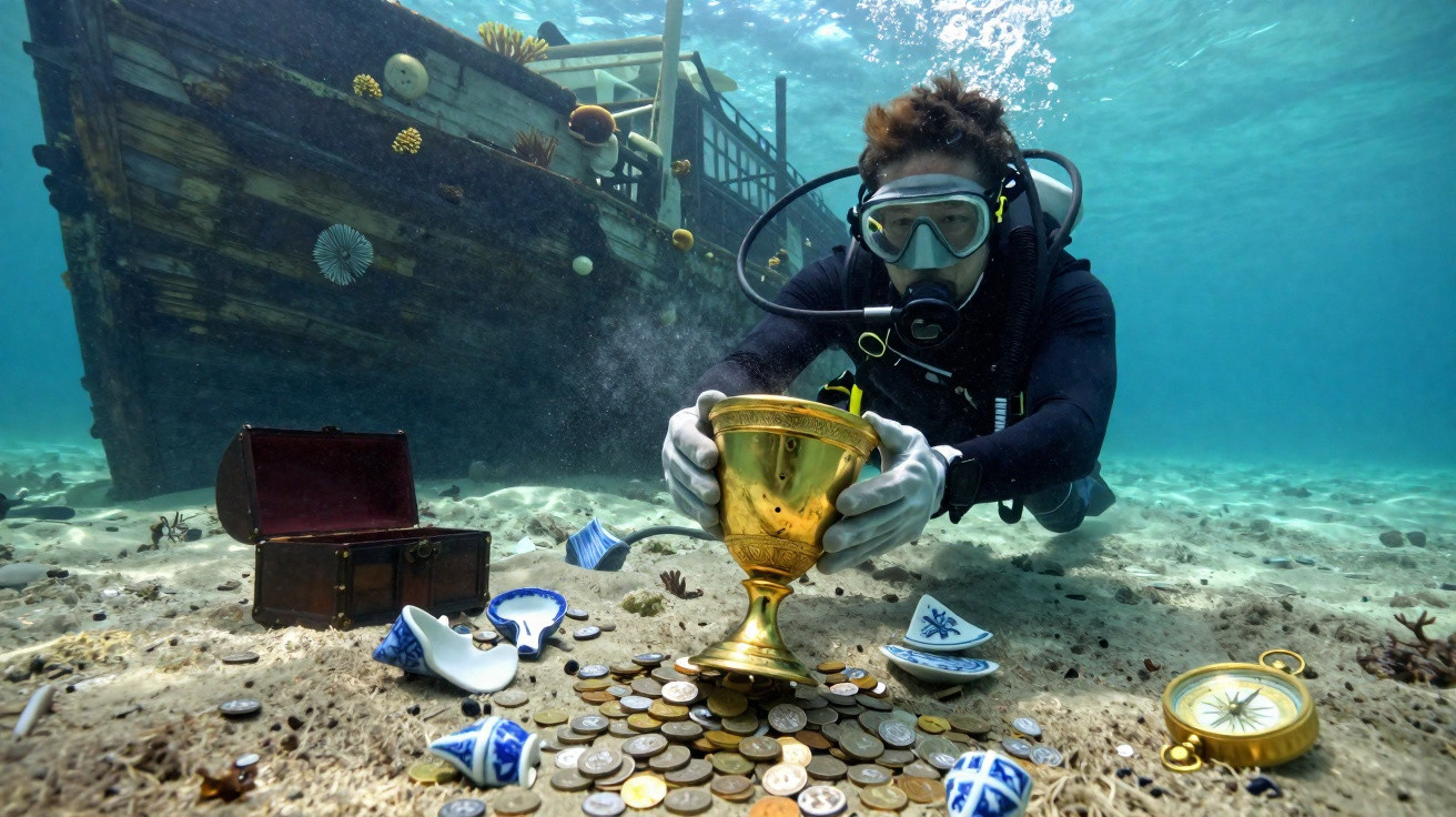 Mergulhador com máscara e fato de mergulho observa tesouro submerso com moedas, taça e caixa antiga no fundo do mar.
