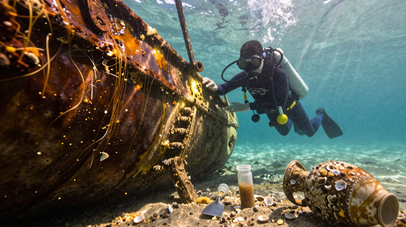 Mergulhador explora um navio naufragado coberto de conchas no fundo do mar com utensílios espalhados.