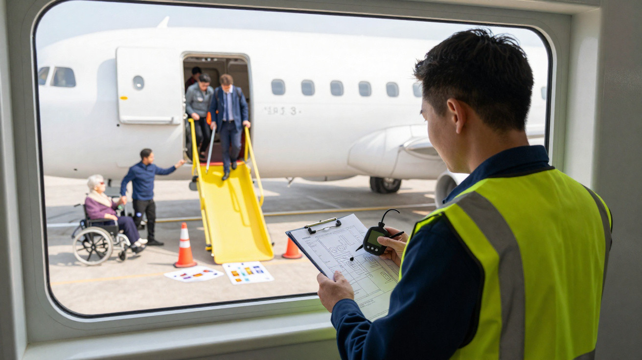 Funcionário do aeroporto observa passageiros a desembarcar de avião, incluindo pessoa em cadeira de rodas.