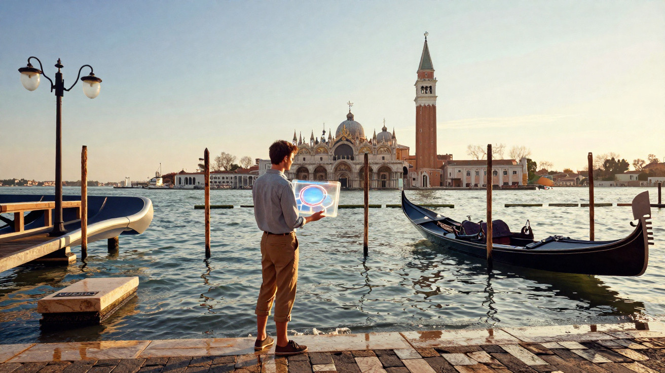 Homem na margem em Veneza com gôndola e painel digital, vista da Basílica de São Marcos ao fundo.