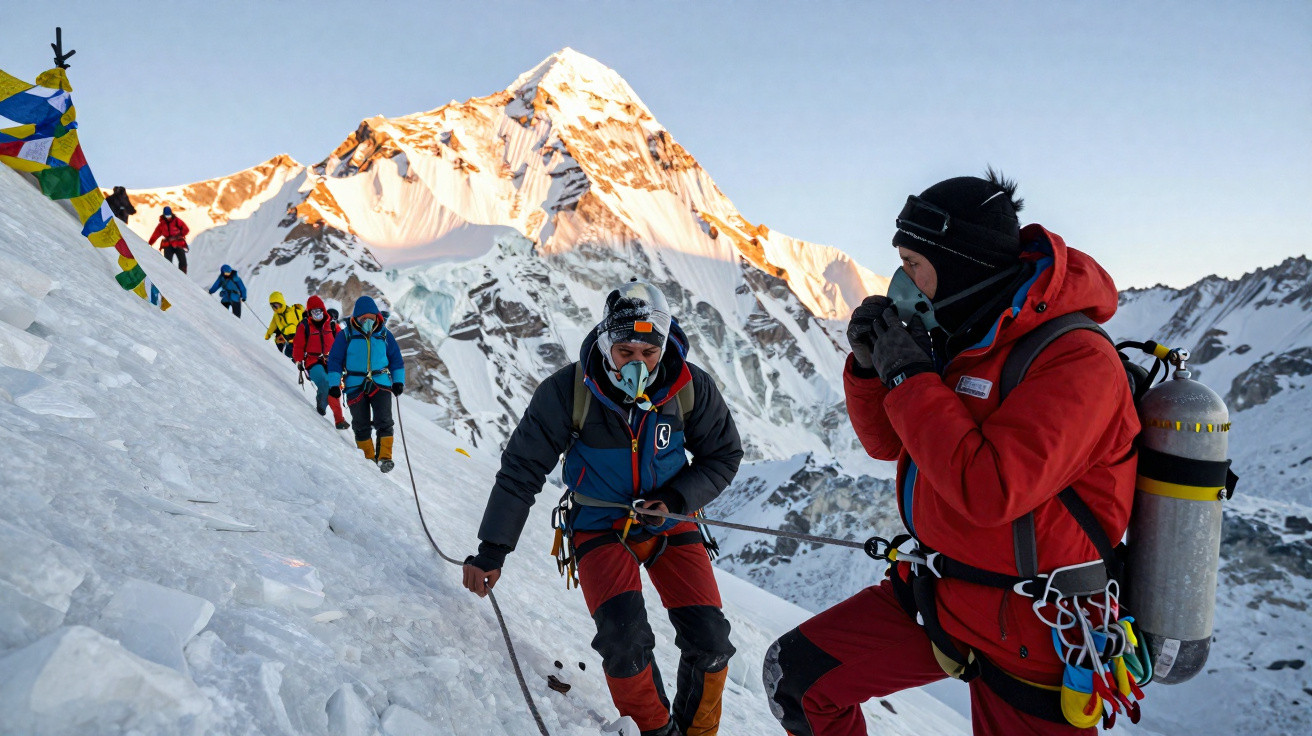 Montanhistas com equipamento de oxigénio a subir uma montanha coberta de neve ao amanhecer.