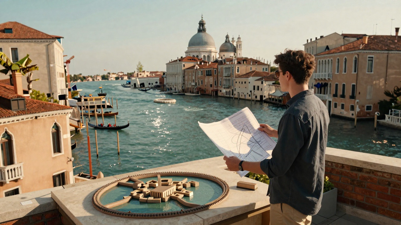 Homem com mapa junto a modelo arquitetónico, com vista para canal e edifícios históricos de Veneza, Itália.