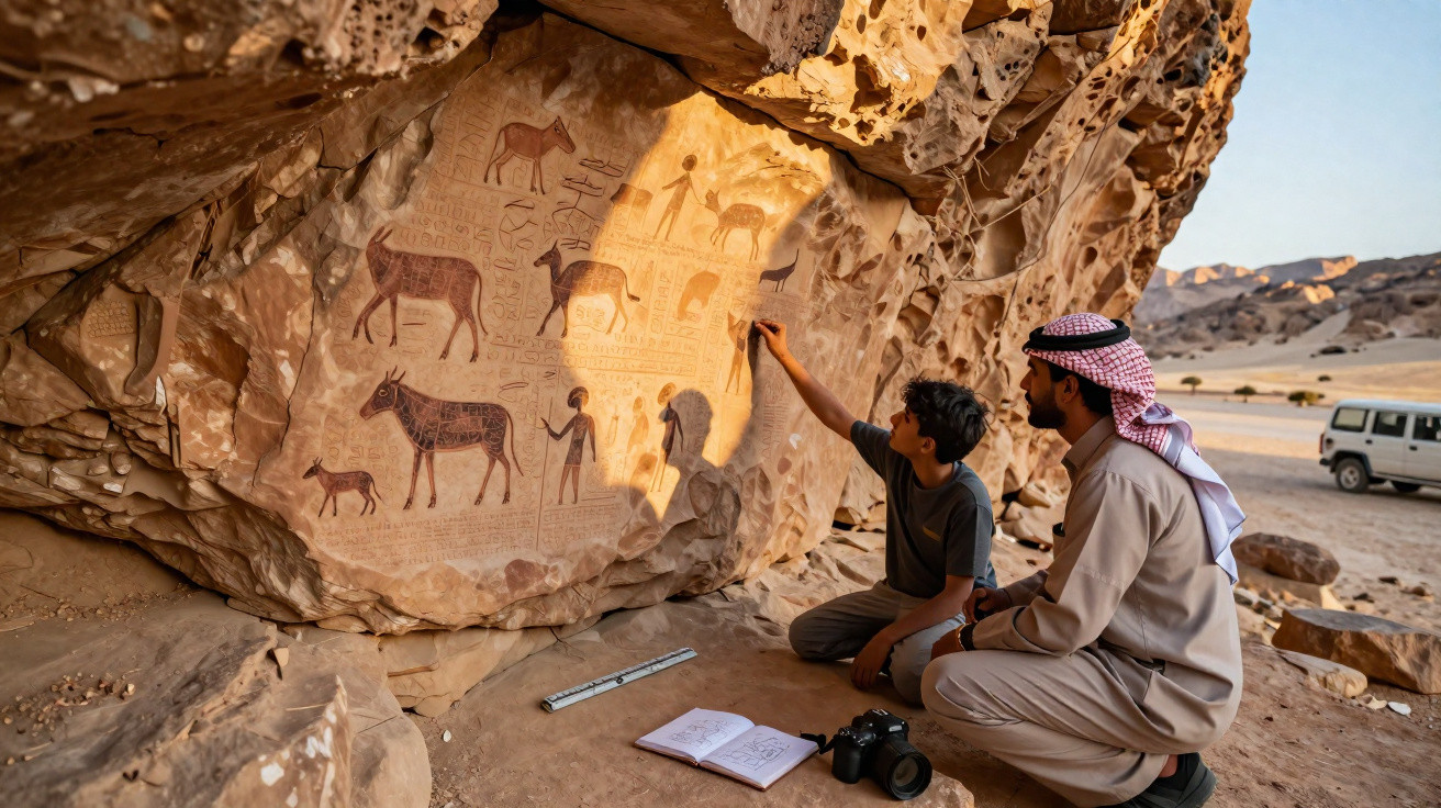 Dois homens observam gravuras rupestres antigas de animais e figuras humanas numa rocha no deserto.