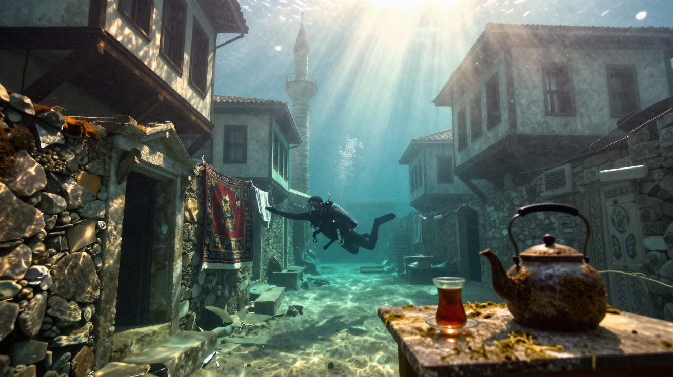 Mergulhador explora rua submersa com chávenas de chá e jarro em mesa no primeiro plano.