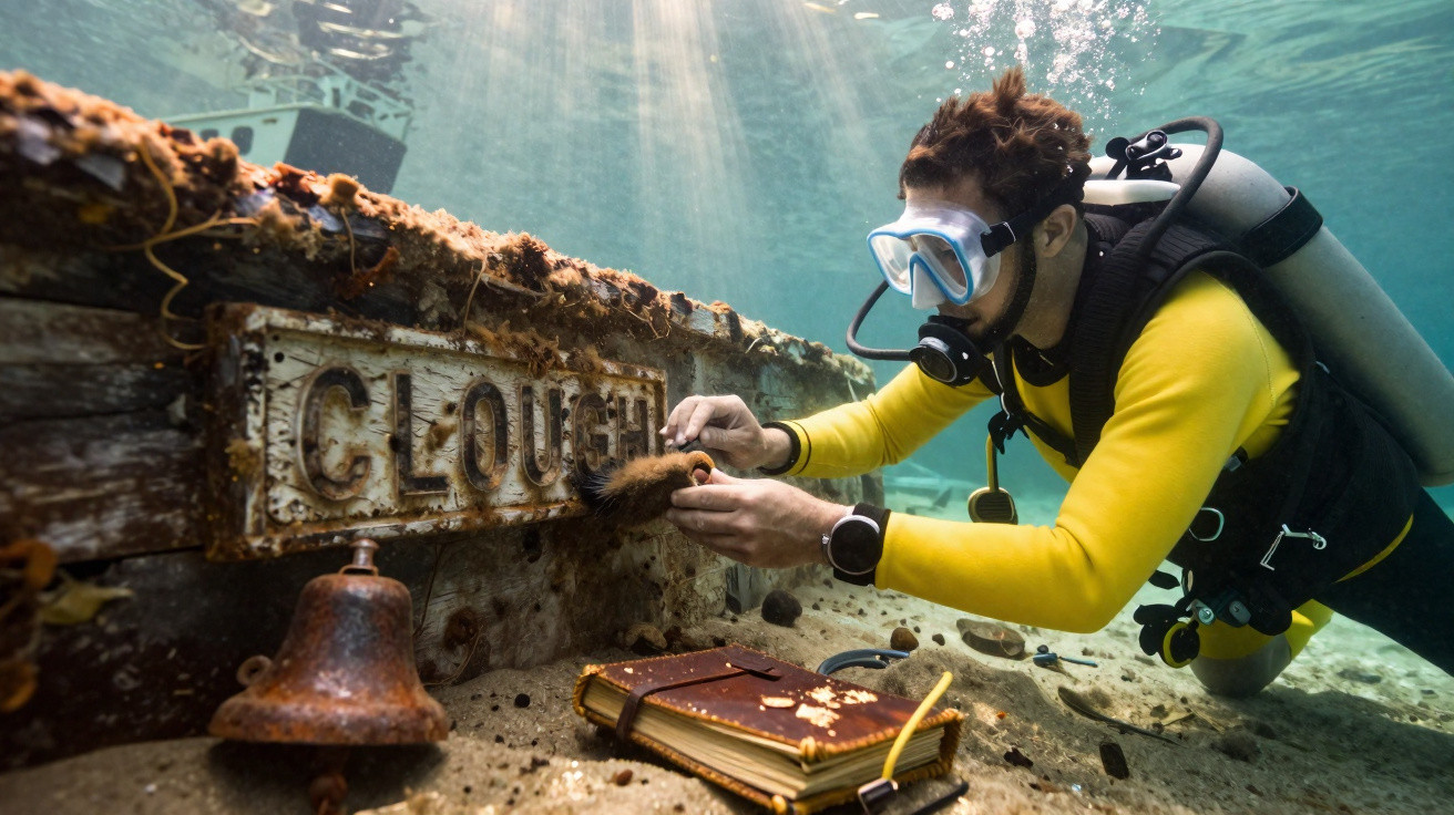 Mergulhador examina um navio afundado com um livro e uma campainha enferrujada no fundo do mar.