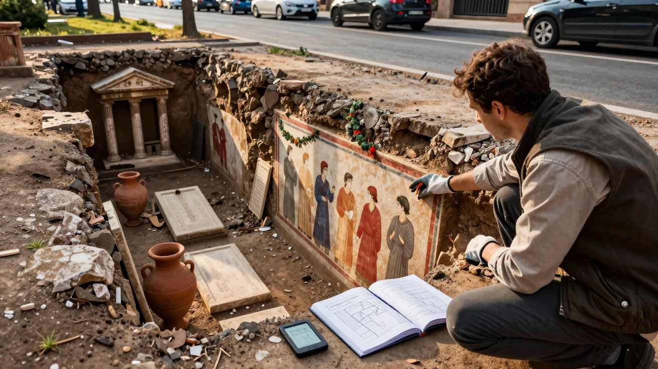 Arqueólogo examina pintura mural em escavação arqueológica junto a ruas movimentadas.