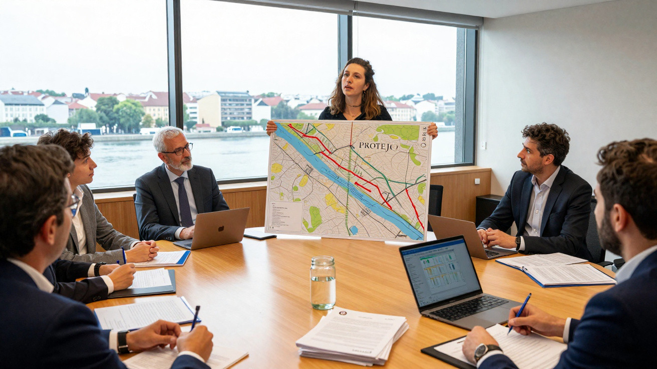 Mulher apresenta mapa urbano a cinco homens numa reunião numa sala com vista para o rio.