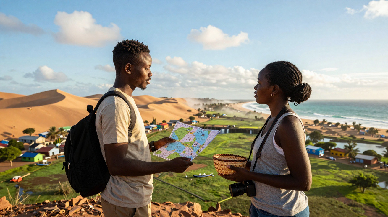 Casal de turistas com mapa e câmara diante de aldeia costeira com dunas e mar ao fundo.