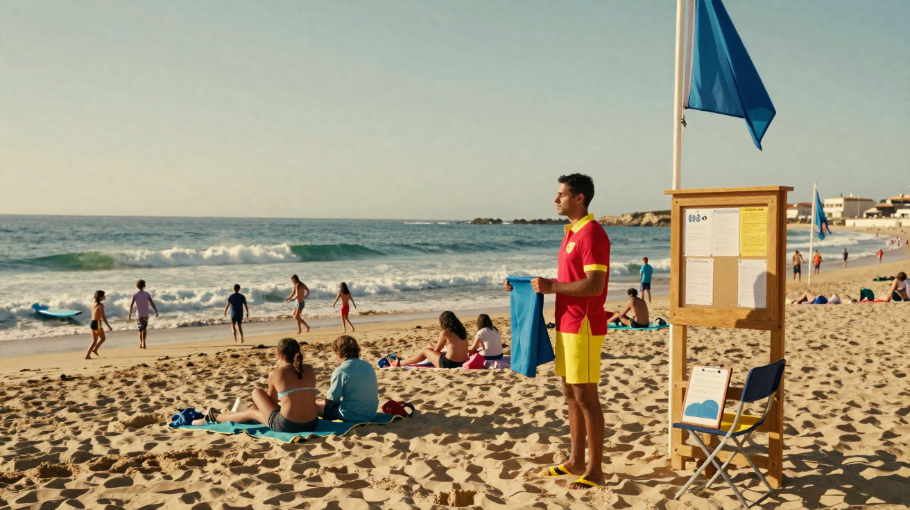 Praia com nadadores, várias pessoas a relaxar na areia e nadador-salvador de pé junto a bandeira azul.