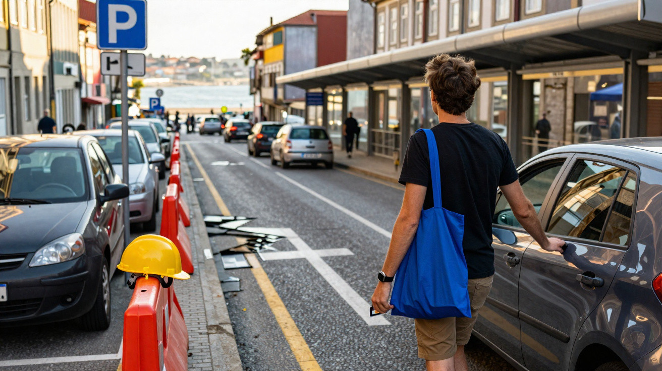 Homem de costas caminha pela rua ao lado de carros estacionados e andaime com capacete amarelo.