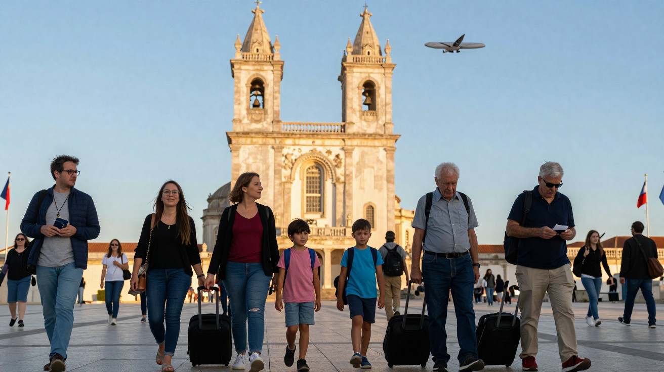 Grupo de pessoas a passear com malas em frente à igreja da Sé em Lisboa, com avião a sobrevoar.