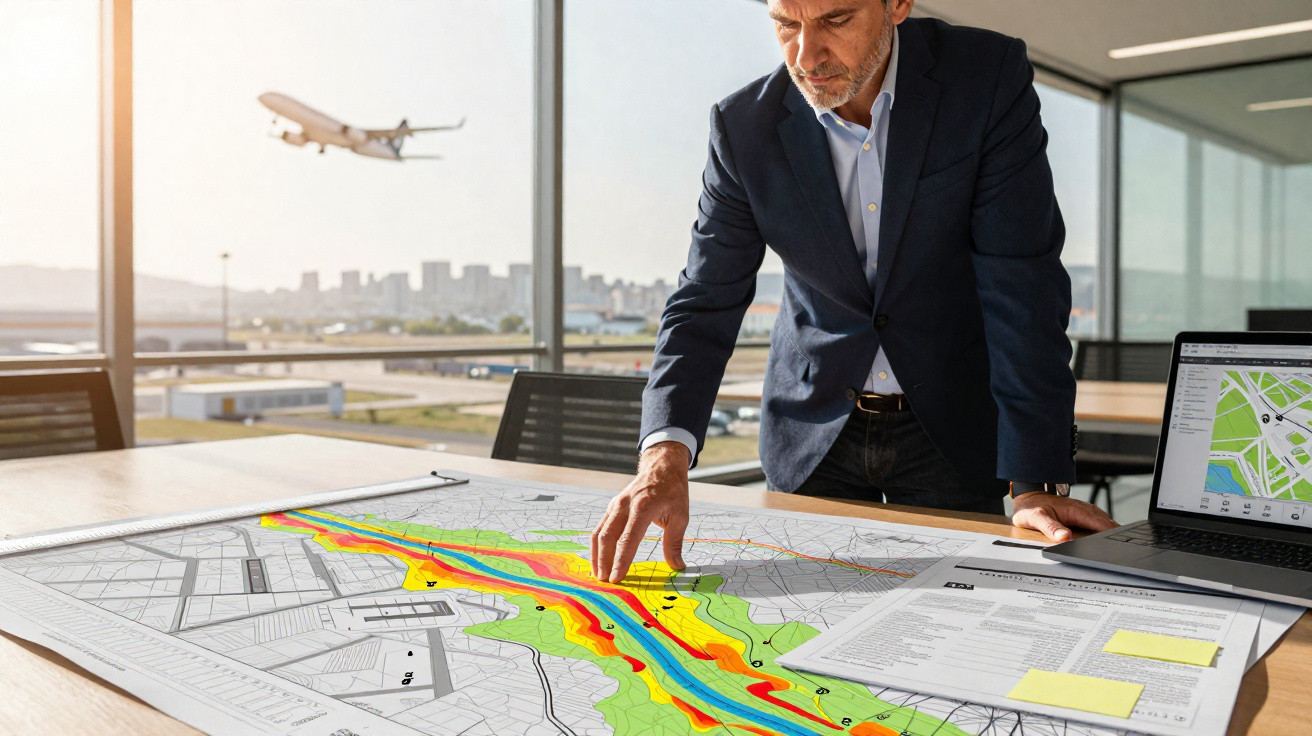 Homem de fato a analisar mapa colorido sobre mesa com avião a descolar visível pela janela.