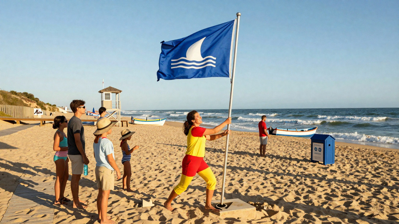 Praia com salva-vidas a içar bandeira azul enquanto banhistas observam na areia sob céu limpo.