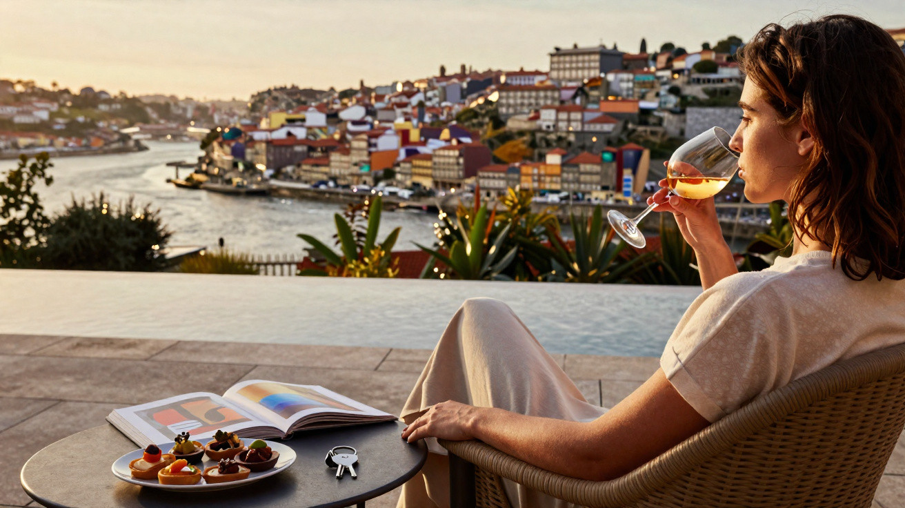 Mulher sentada a beber vinho com vista para cidade junto ao rio ao pôr do sol, mesa com petiscos e revista.