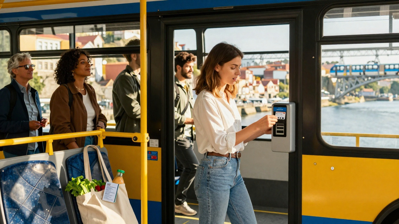 Mulher a validar o bilhete num leitor ao entrar num autocarro amarelo com outras pessoas na fila.
