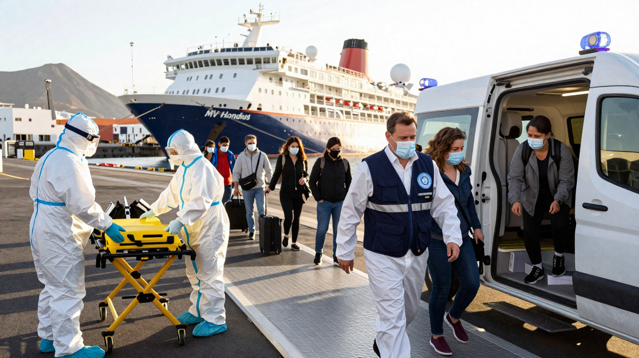 Equipa médica com equipamento de proteção recebe passageiros com máscara que desembarcam de navio de cruzeiro.