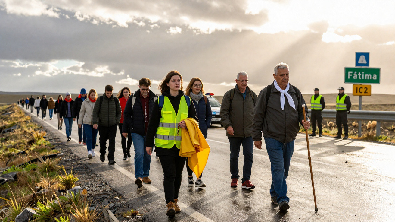 Grupo de pessoas caminhando na estrada em direção a Fátima em dia nublado com segurança no local.
