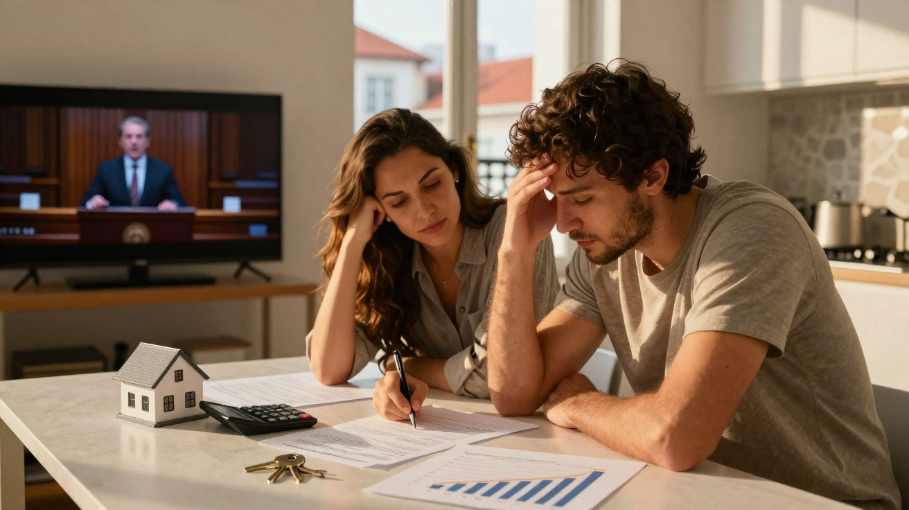Casal preocupado a analisar documentos financeiros com calculadora, chave, e miniatura de casa em mesa de cozinha.