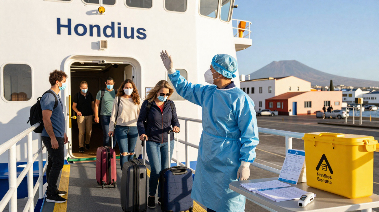 Passageiros com máscaras desembarcando do navio Hondius com funcionário em proteção sanitária a instruí-los.