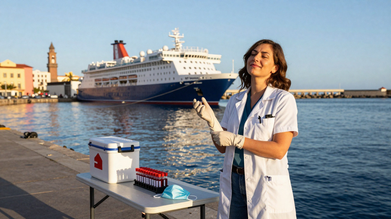 Mulher médica a colocar luvas junto a mesa com kit de testes e navio de cruzeiro atracado ao fundo.