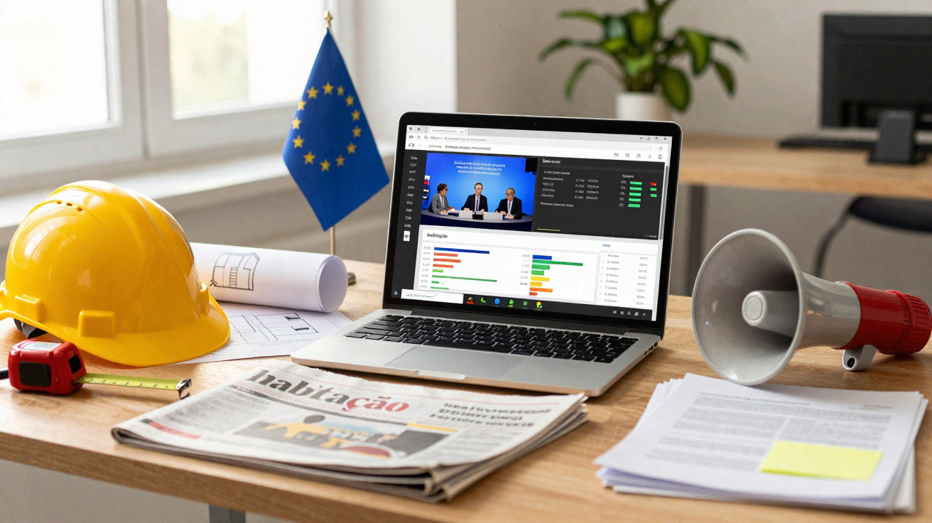 Mesa com capacete amarelo, computador portátil, jornal, megafone e bandeira da União Europeia junto à janela.