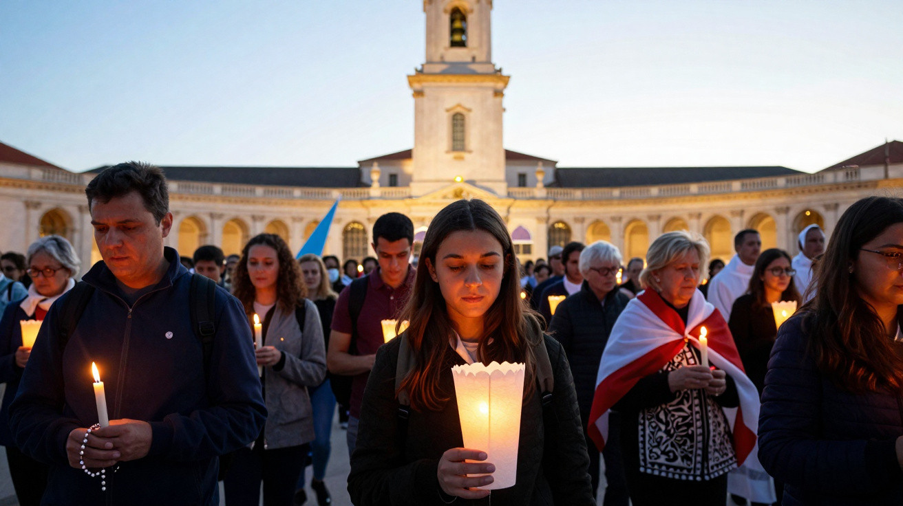 Grupo de pessoas em vigília com velas acesas à frente de um edifício histórico ao entardecer.
