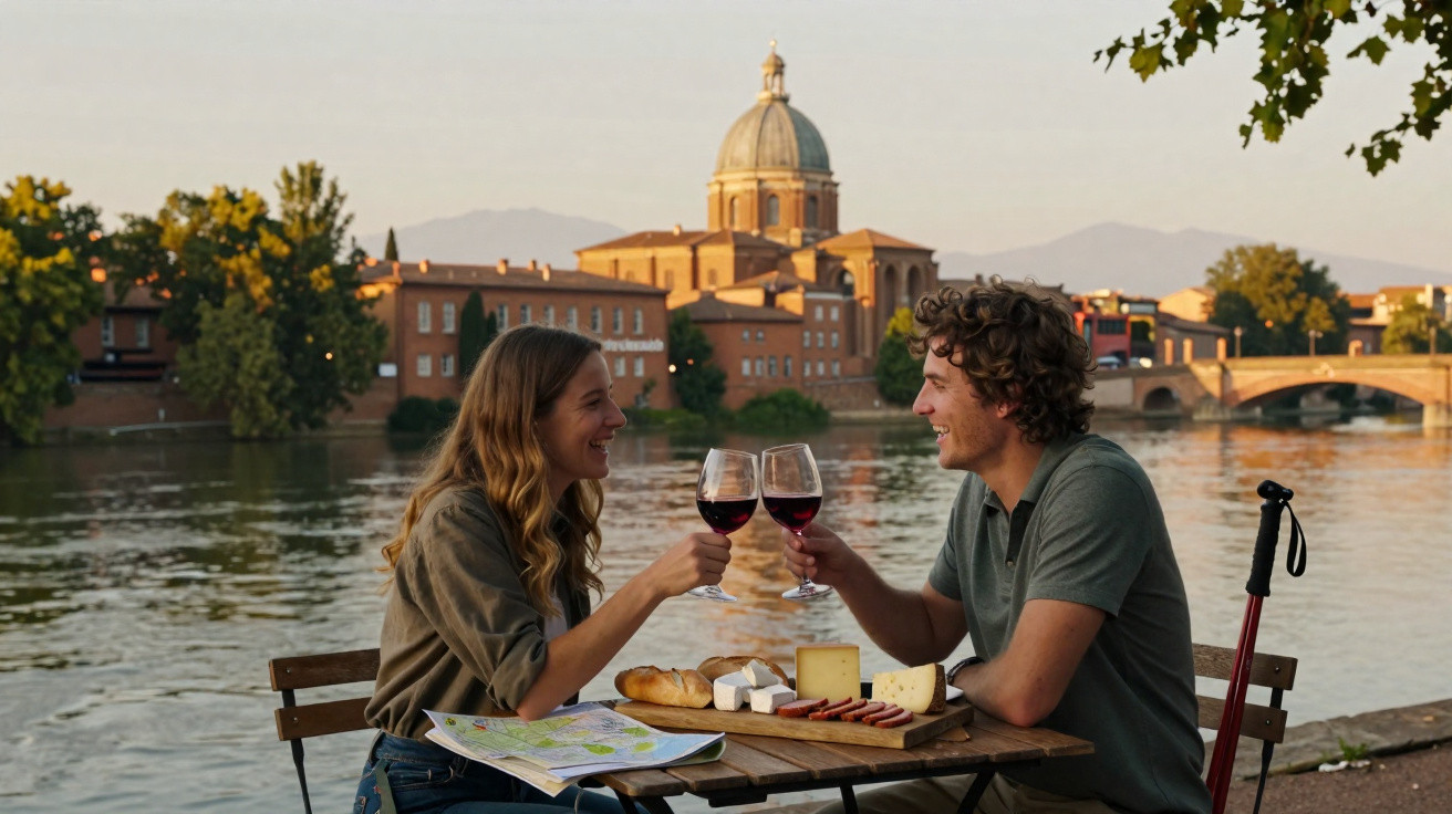 Casal brindando com vinho tinto junto a rio, com tábua de queijos e pães, edifício histórico e ponte ao fundo.