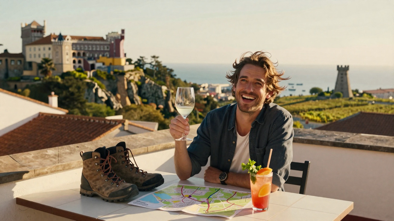 Homem sorridente com copo de vinho num terraço, com botas de caminhada e mapa sobre a mesa, vista de castelo e torre.