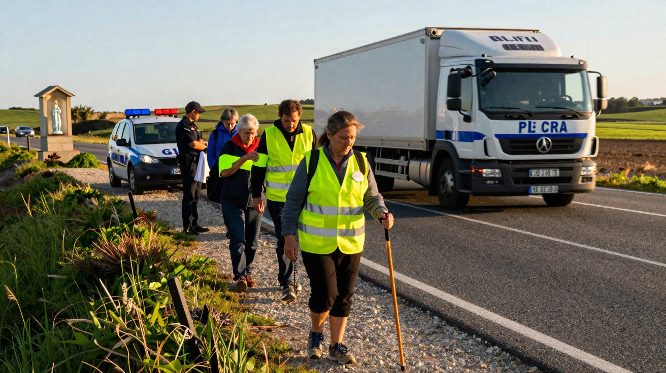 Grupo de pessoas com coletes amarelos caminham ao lado de estrada com viatura da GNR e camião ao fundo.