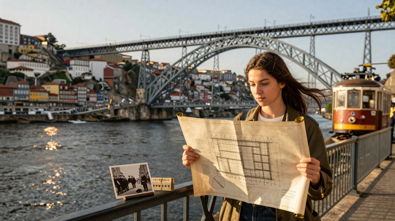 Mulher a olhar planta arquitetónica junto ao rio Douro com a ponte Dom Luís I e eléctrico ao fundo.
