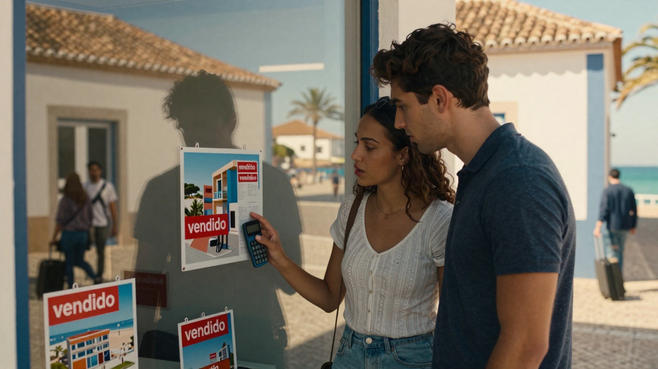 Casal consulta anúncios de imóveis com placas de "vendido" numa montra junto ao mar.