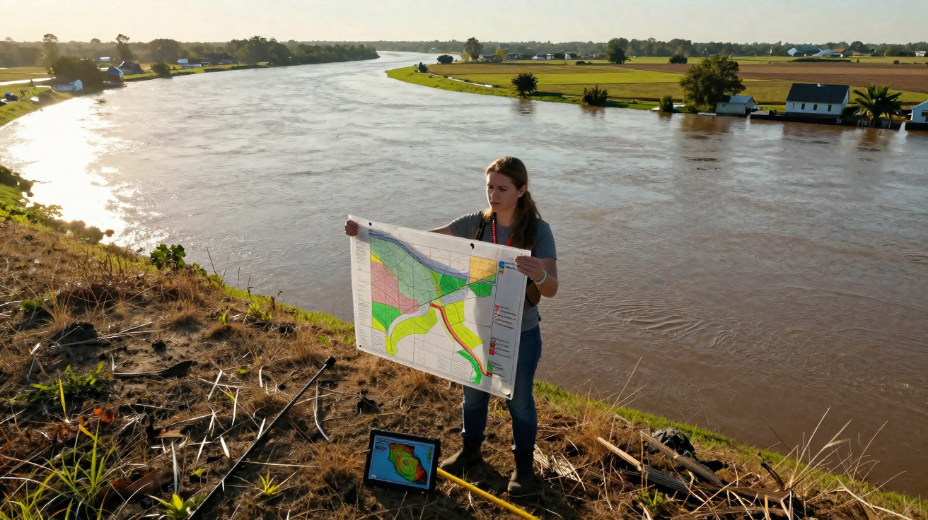 Mulher junto a rio a segurar mapa colorido, com equipamentos no chão num terreno seco e plantas ao redor.