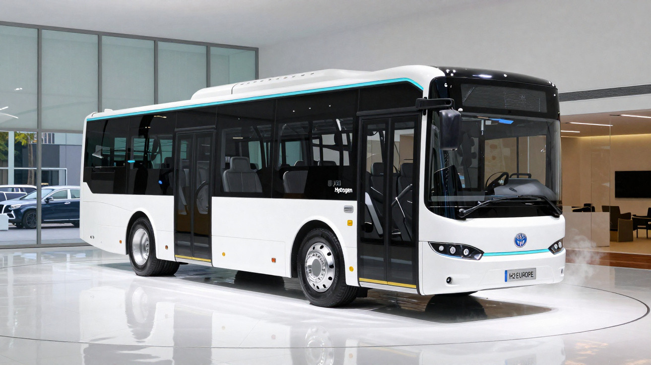 Autocarro eléctrico branco com janelas negras exposto em salão moderno e luminoso.