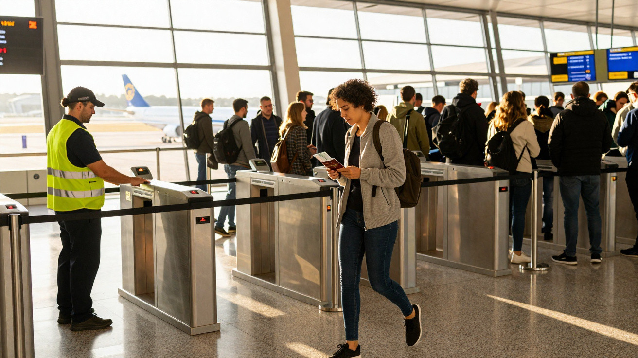 Passageira com mochila verifica documentos junto a portão de embarque num aeroporto com grupo de pessoas à espera.