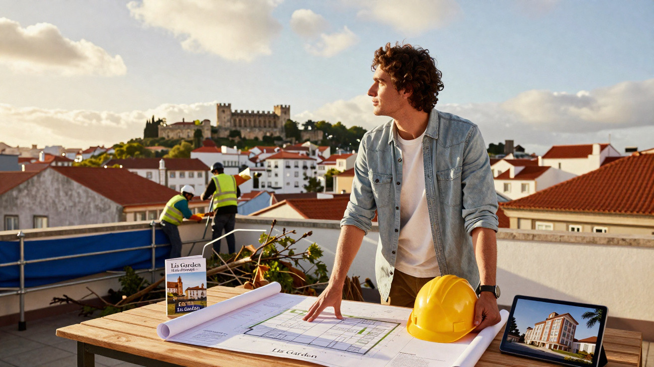 Homem com capacete amarelo analisa plantas num terraço com vista para castelo e trabalhadores ao fundo.