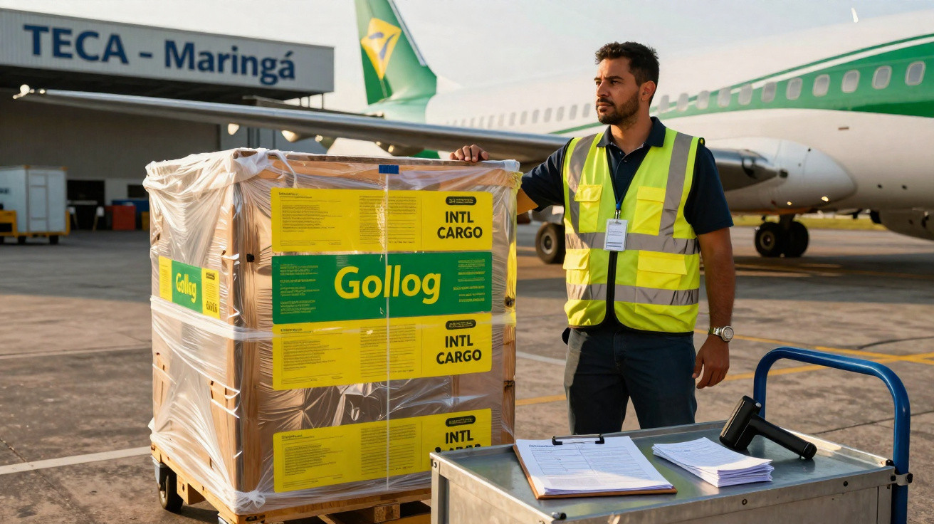 Homem com colete refletor junto a palete com caixas do serviço de carga internacional GolLog no pátio do aeroporto.