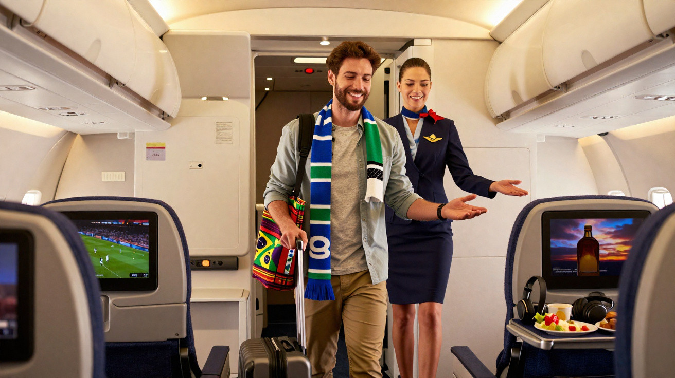 Passageiro com mala e cachecol guiado por assistente de bordo dentro de avião com ecrãs e snacks.