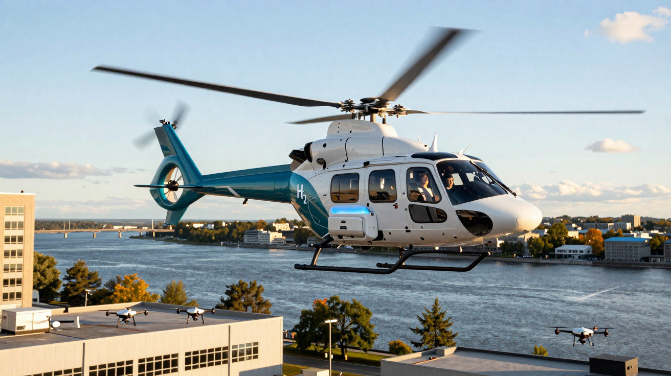 Helicóptero branco e azul a voar perto de edifícios junto a um rio com drones a sobrevoar a área.