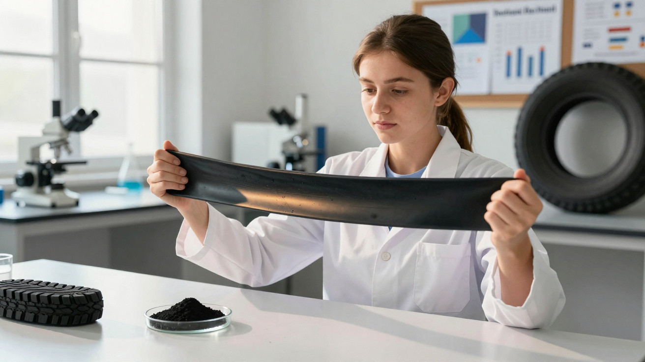Cientista mulher em laboratório, analisando faixa de borracha esticada, com amostra de borracha e pneu ao lado.