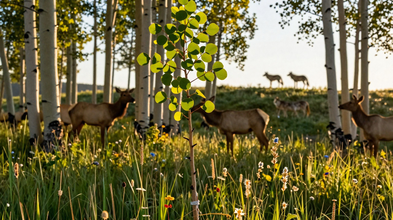 Veados em floresta com árvores altas e vegetação densa ao pôr do sol.