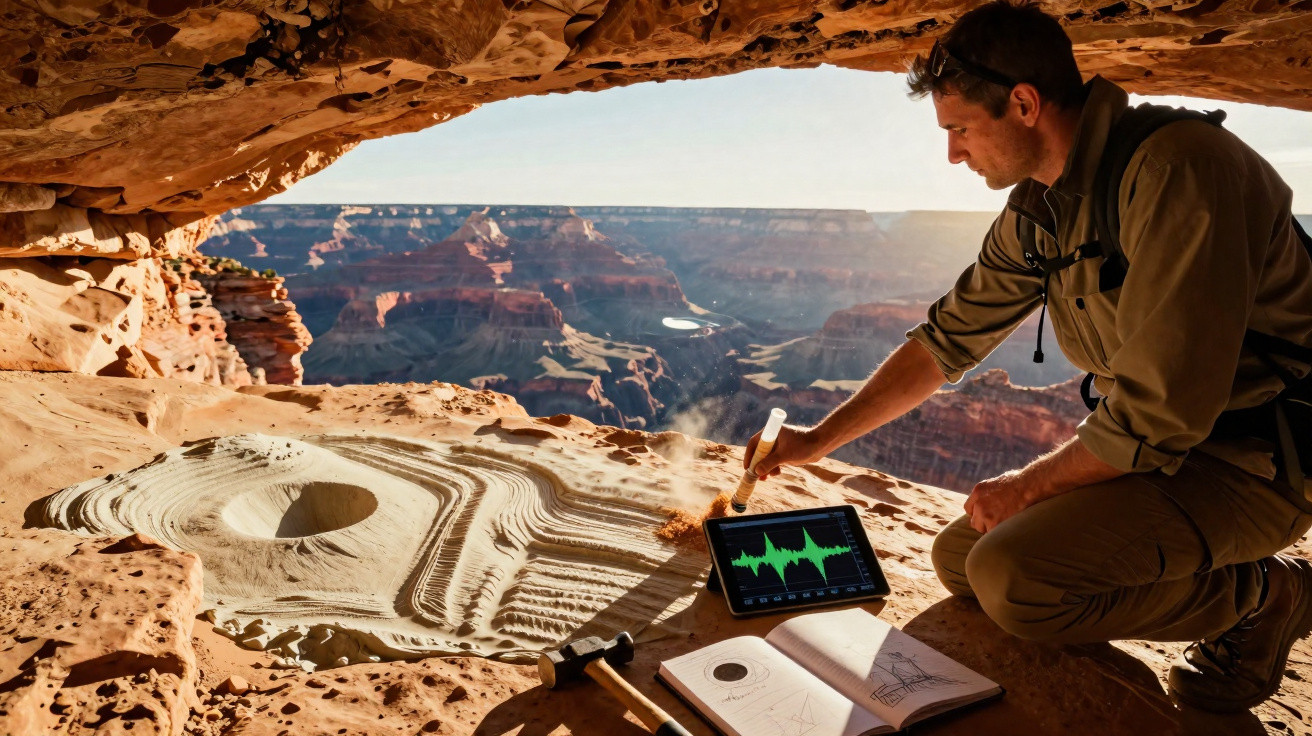 Homem numa gruta no deserto a estudar formações rochosas com tablet e caderno aberto num ambiente árido.
