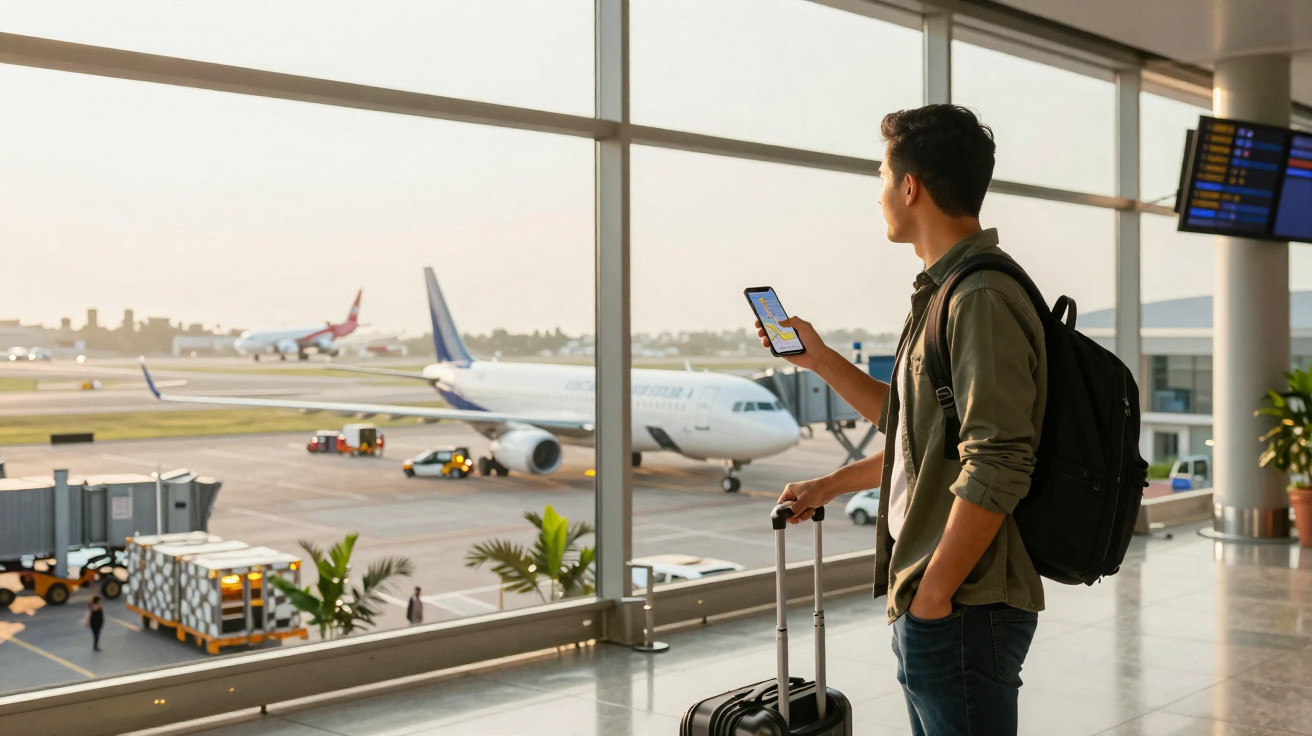 Jovem com mochila e mala observa aviões na pista enquanto consulta smartphone numa sala de embarque.