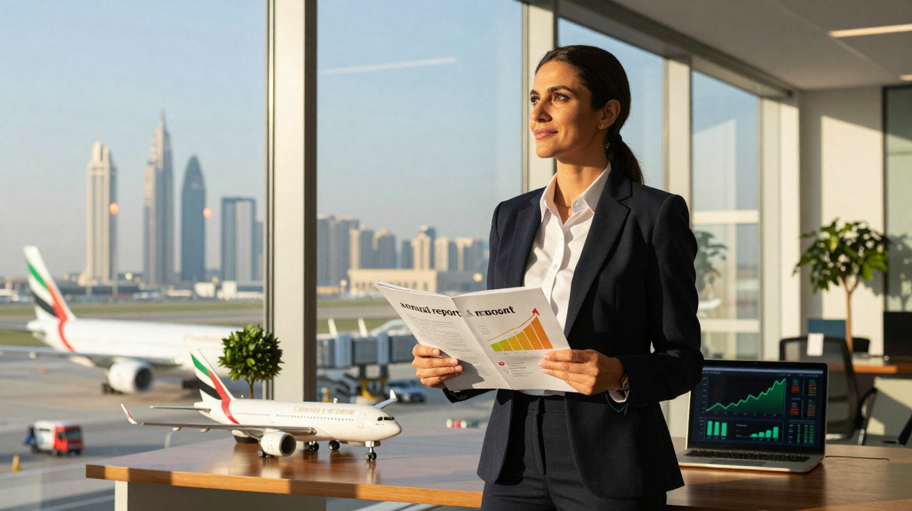 Mulher de negócios em escritório com vista para aeroporto, segurando relatório e com modelos de avião na mesa.