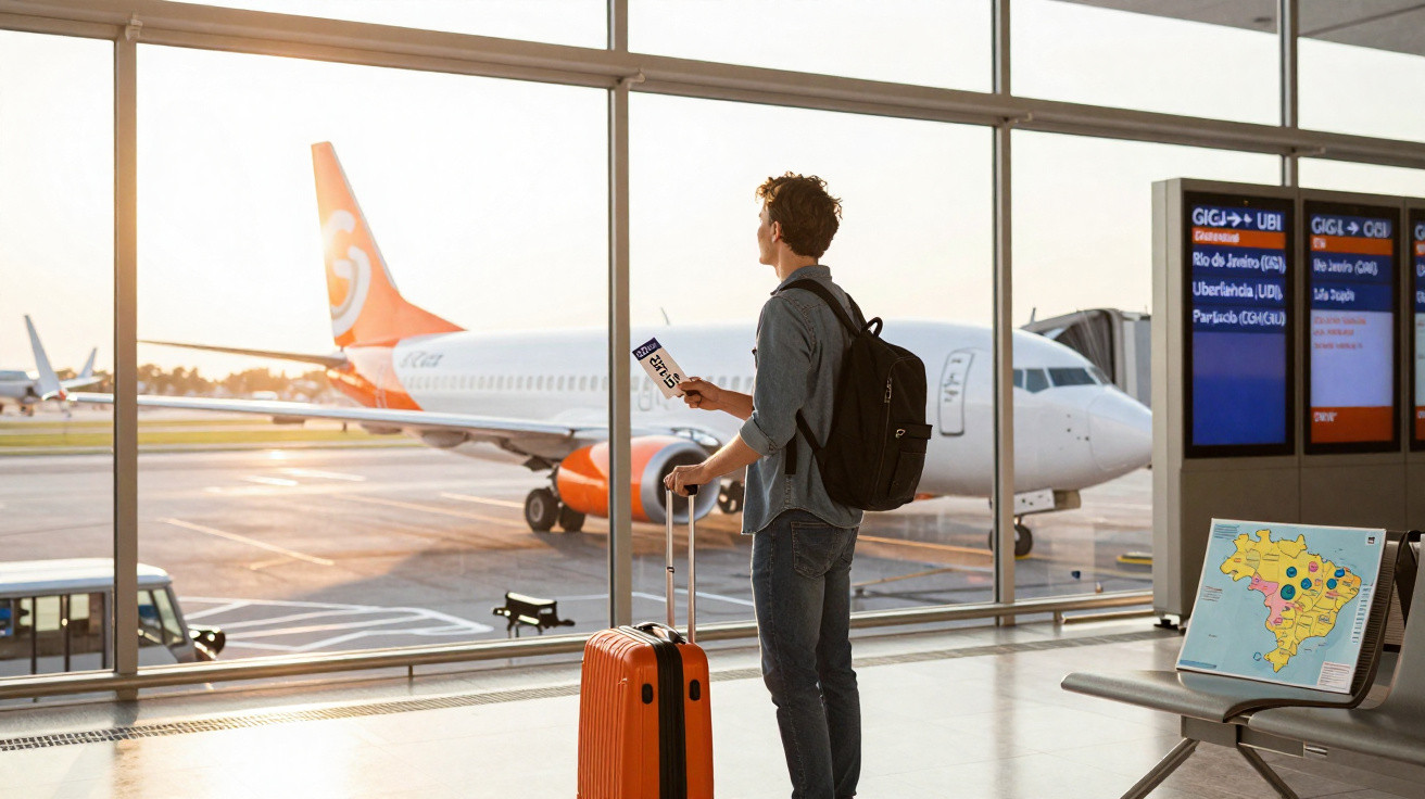 Homem com mochila e mala laranja observa avião estacionado através de vidro no aeroporto ao pôr do sol.