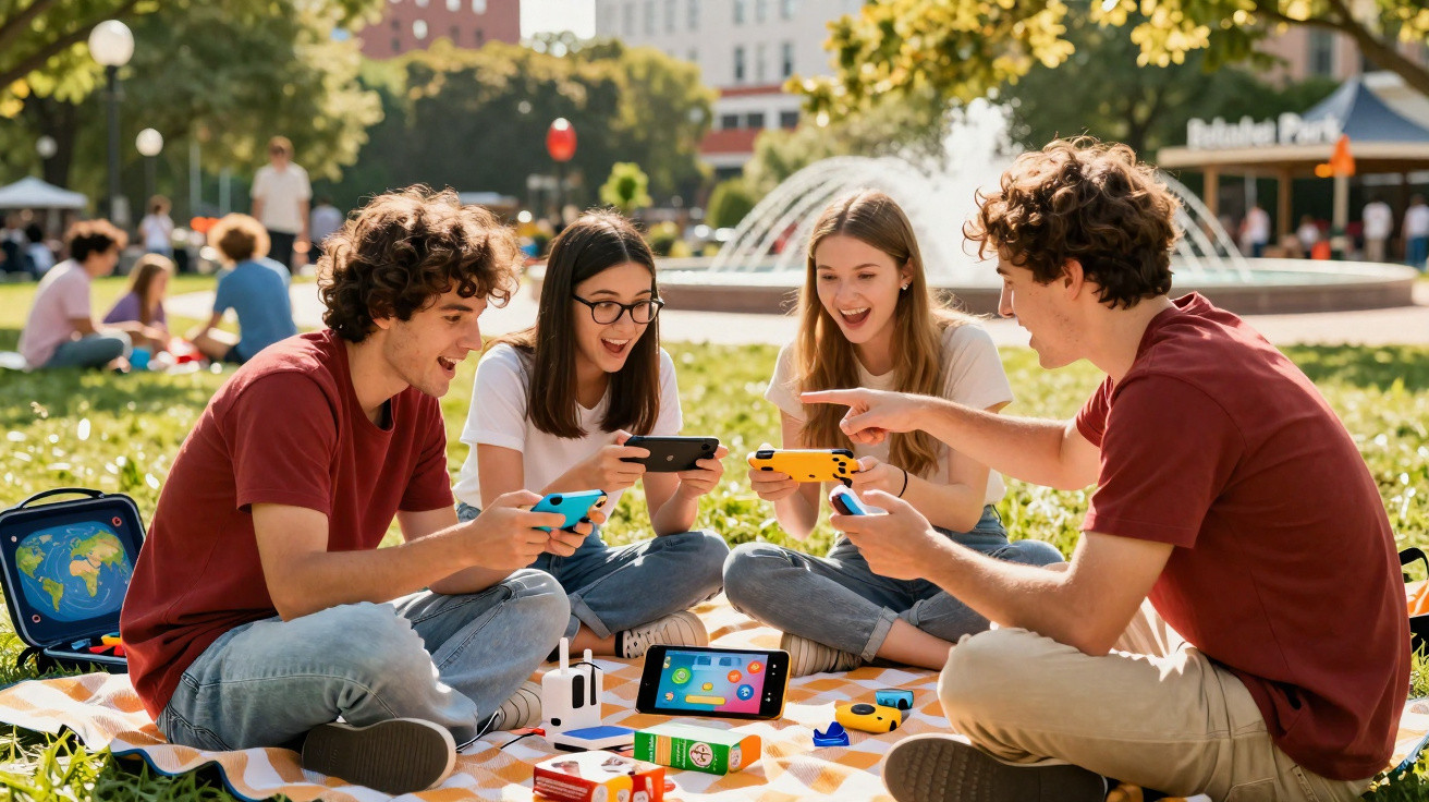 Quatro jovens sentados num parque jogam juntos em consolas portáteis durante um dia de sol.